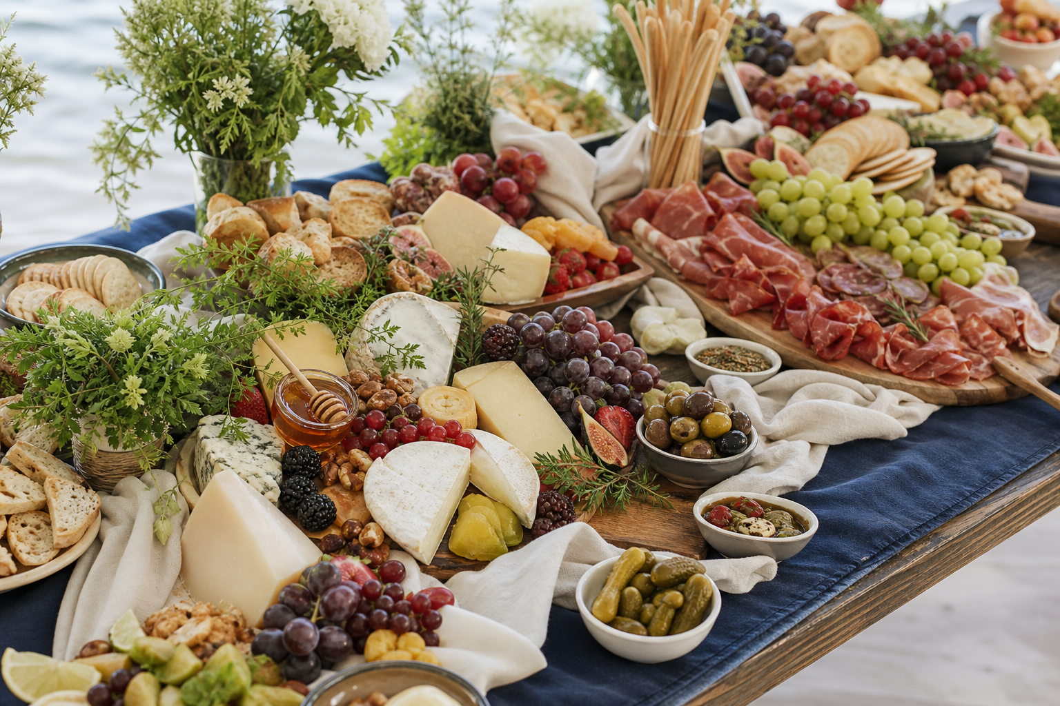 Styled grazing table with cheeses, charcuterie, fruit, and crackers
