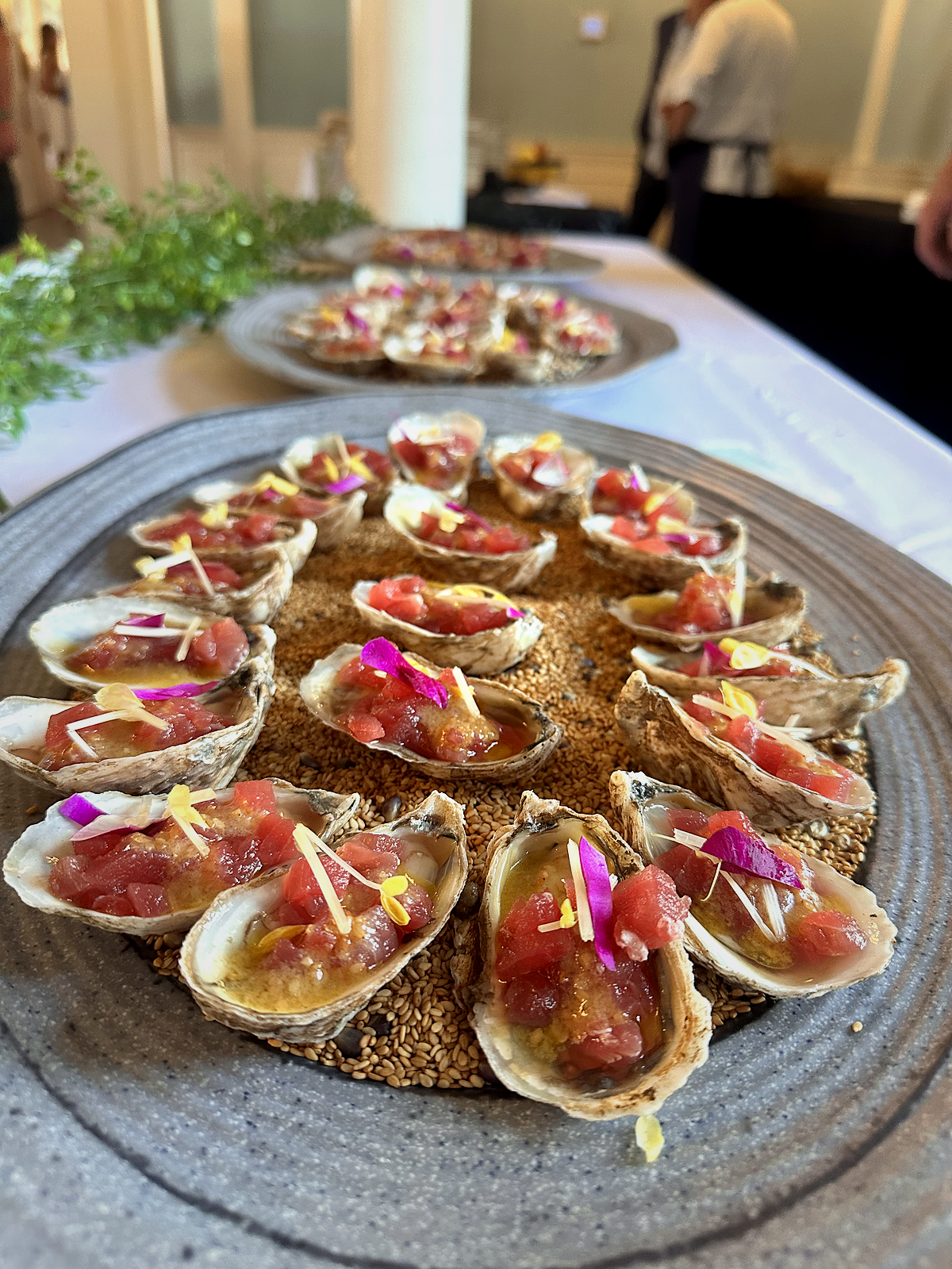Tuna tartare hors d'oeuvres served in oyster shells