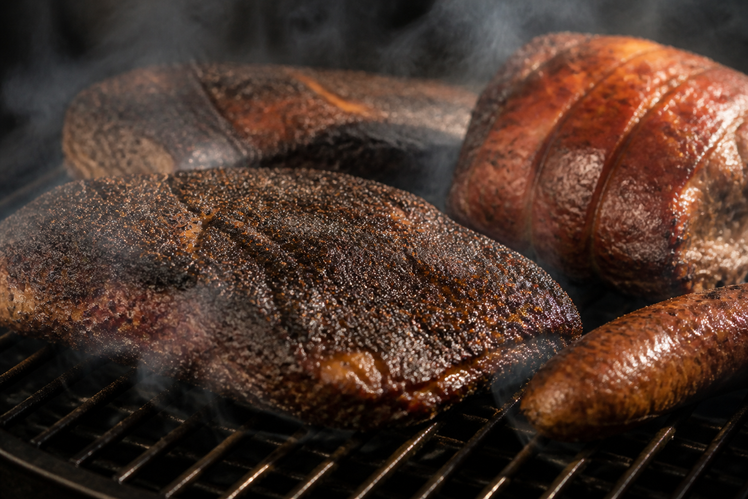 Slow-smoked meats with rising smoke on the grill